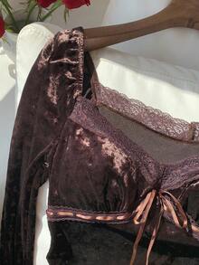 SHEIN EZwear Plus Size Women's Elegant Lace Patchwork Bow Decor Velvet Fitted T-Shirt, Spring/Autumn - Brown - View 6