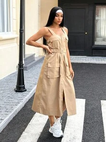 Women's Casual Solid Color Cargo Pocket Denim Dress, Summer - Khaki - View 5