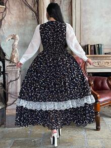 Lyrianda Vintage Romantic Floral Lace Patchwork Elegant Contrast Color Dress