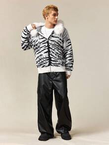ROMWE MEN Street Life Men's Zebra Pattern Drop Shoulder Long Sleeve Distressed Fuzzy Hooded Cardigan, Autumn/Winter - Black and White - View 7