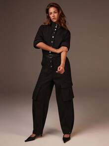Athîral 女式立领长袖单排扣工装口袋休闲宽松牛仔连体裤 - 黑色 - 查看 3
