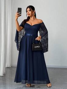 Elenzga 大码女式优雅、浪漫、性感、奢华派对、婚礼宾客长袖、收腰、飘逸雪纺长裙，春秋季 - 藏蓝色 - 查看 2