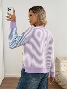 SHEIN LUNE Gestreifter V-Ausschnitt Knopfverschluss Lässig Langarm Strickjacke für Frauen, Sommer Strickjacke für Frauen, gestreifte Strickjacke für Frauen, bunte Strickjacke für Frauen, Strickjacke für Frauen Herbst Winter Kleidung für Frauen - Verschiedenfarbig - Übersicht 2