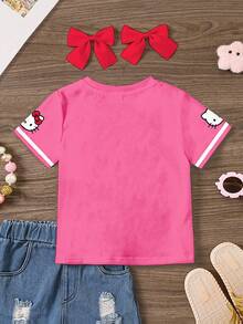 SHEIN Hello Kitty and Friends | Modeflare Wear 可爱风格，粉色小猫针织衫，适合社交、运动休闲、社交聚会，年轻女孩休闲简约圆领短袖T恤，适合夏季 - 彩色 - 查看 2