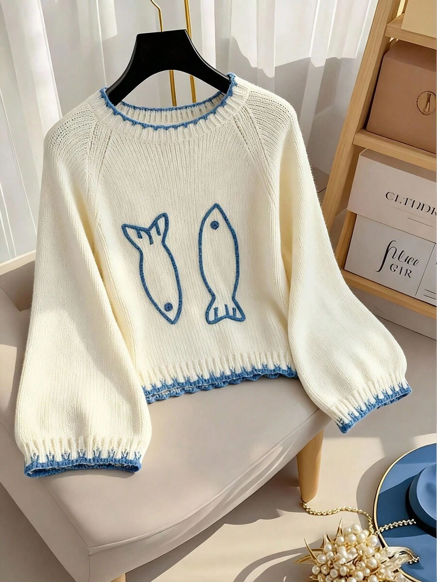 Franclia 大码女式不对称撞色边 3D 花朵针织圆领长袖休闲套头衫，简约风格，适合日常通勤，秋冬 - 米色 - 查看 1