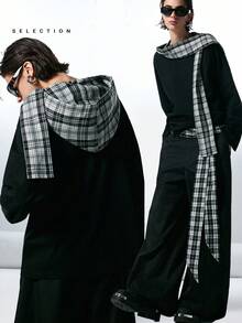 LYSMO SELECTION 2025 New Arrival Minimalist Fall/Winter Women's Plaid Hooded Loose Long Sleeve Casual T-Shirt, Comfortably Versatile, Vintage And Artistic Style, Relaxed Chic Look, Black Knit Scarf Layered Design, Plaid Elements, Perfect For Urban Commute, Soft And Warm Fabric, Stylish Layered Detailing, Ideal For Everyday Autumn And Winter Outings Black Top Scarf Top Black Long Sleeve Shirt Plaid Scarf,Christmas