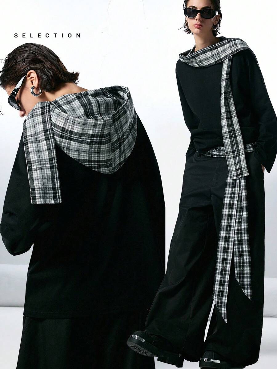 LYSMO SELECTION 2025 New Arrival Minimalist Fall/Winter Women's Plaid Hooded Loose Long Sleeve Casual T-Shirt, Comfortably Versatile, Vintage And Artistic Style, Relaxed Chic Look, Black Knit Scarf Layered Design, Plaid Elements, Perfect For Urban Commute, Soft And Warm Fabric, Stylish Layered Detailing, Ideal For Everyday Autumn And Winter Outings Black Top Scarf Top Black Long Sleeve Shirt Plaid Scarf,Christmas