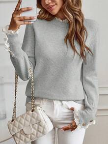 EMERY ROSE Women's Casual Lace Trim Round Neck Long Sleeve Sweater, Autumn/Winter - Light Grey - View 4