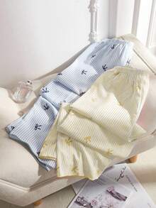 SHEIN 2件套女士黄蓝条纹爱心蝴蝶结装饰裤装，秋冬服装 - 彩色 - 查看 2