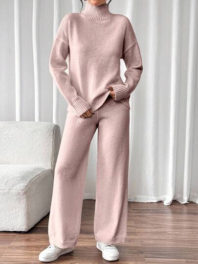 EMERY ROSE Conjunto casual de 2 piezas de suéter de cuello alto de unicolor con hombros caídos y mangas largas, y pantalones de punto para mujer, otoño/invierno