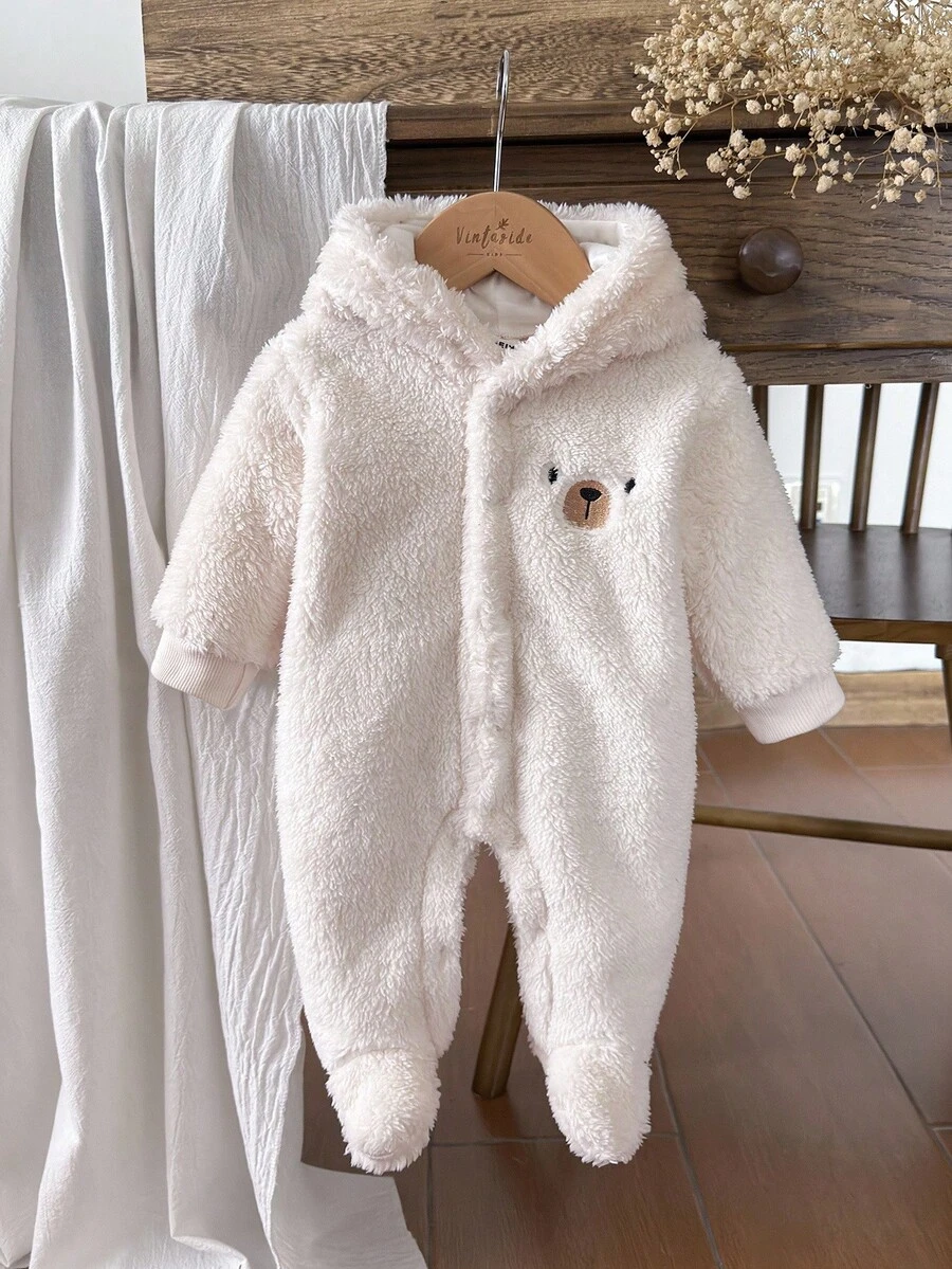 SHEIN Vintaside Kids 新生儿简约时尚可爱刺绣小熊长袖连体睡衣 - 白色 - 查看 1