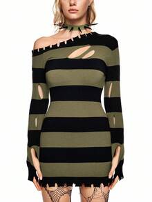 ROMWE Grunge Punk Long Ripped Red & Black Striped Pullover Sweater - Multicolor - View 2