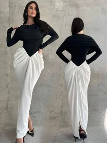 Firerie Women's Black & White Contrast Pleated Long Sleeve Waist Cinched Dress, Elegant Commuter Dress For Daily, Spring/Autumn/Winter, Suitable For Commute, Date, Party, Wedding, Graduation, Performance, Work, Anniversary, Birthday,Elegant And Luxurious Black And White Contrast Stitching Off-The-Shoulder Ruffled Fishtail Hem Formal Evening Dress - Black and White - View 1