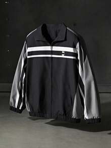 NEON BLANC Men's Striped Print Zip-Up Casual Versatile Long Sleeve Jacket, For Fall Winter - Black - View 1