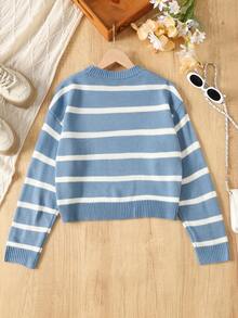 SHEIN Teen Girls' Casual Loose Fit Colorblock Striped Crew Neck Pullover Sweater