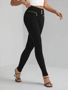 SHEIN Tall 女款休閒純色修身長褲，適合上班與通勤，高個女性適用 - 黑色 - 查看 5