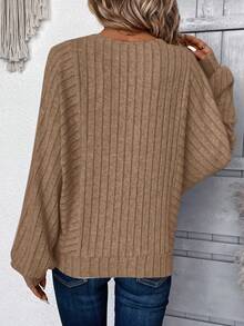 EMERY ROSE Women's Fuzzy Ribbed Batwing Long Sleeve Sweatshirt, Autumn,Fall - Coffee Brown - View 2