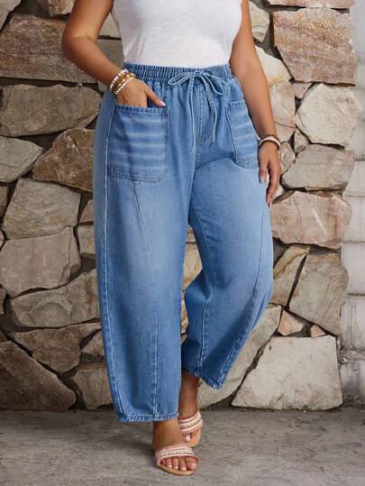 SHEIN CURVE+ Vinter Plus Size Dam Cowgirl Style Lös Midja Resår Midja Blå 7/8 Jeans, Vinter