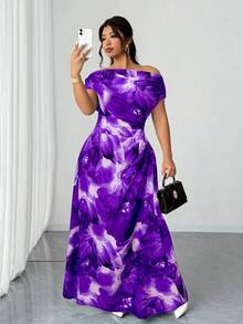 Elenzga Plus Size Printed Sexy Asymmetrical Shoulder Ruched Waist Elegant Dress