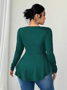 Elenzga Áo thun dài tay trễ vai dáng chữ A dành cho nữ cỡ lớn, thắt eo - Màu xanh lá cây đậm - Xem 2