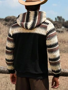 Manfinity Nomadique Men's Casual Retro Geometric Pattern Pocket Hoodie, Autumn/Winter Western Hoodies Western Mens Clothing Cowboy Hoodies For Men Daily Leisure, Weekend Trips, Outdoor Activities, Travel Expeditions, Relaxed Work Environments Or Semi-Formal Occasions,Boyfriend/Husband Gift, Anniversary Gift