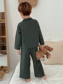 2件套男童格子长袖单排扣口袋衬衫和裤子睡衣套装 - 綠色 - 查看 5