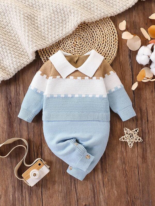 SHEIN جمبسوت رضع من الأولاد/البنات محبوكة بياقة عالية وأكمام طويلة، مناسبة للخريف/الشتاء، متعددة الألوان، عصرية وكاجوال، مناسبة للمنزل والخارج والسفر