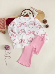 Playful Pals 小女孩圣诞老人印花卫衣和裤子两件套，适合居家、外出、聚会、节日、秋冬的休闲装 - 彩色 - 查看 3