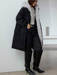 Aveloria New Fashionable Casual Chic Minimalist High-End Zipper Detachable Fur Collar Hooded Padded Padded Coat - Black - View 3