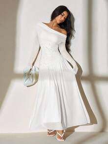 SHEIN PETITE 新款一字肩长袖撞色网纱刺绣不对称下摆拼接超长高弹修身连衣裙优雅浪漫 - 白色 - 查看 8