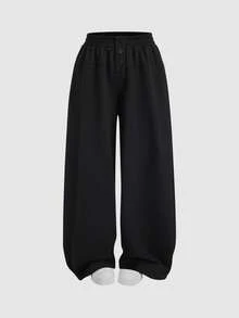 Sweetra Women's Casual Loose Elastic Waist Faux Placket Relaxed Fit Wide Leg Sweatpants, Suitable For Commuting, Travel, Work, Spring/Autumn - Black - View 3