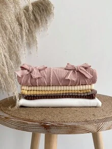 SHEIN Vestido casual suelto con cuello redondo, manga larga y decoración de lazo para niña bebé