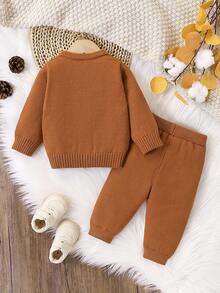 SHEIN 2pcs Baby Boys/Girls Brown Autumn Knitted Sweater & Pants Set,Modest Round Neck Long Sleeve Cable Outfit,Matching Family Casual Daily Home Clothes - Brown - View 2