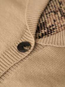 SHEIN LilyWest كارديجان نسائي كاجوال بأكمام طويلة وجيب وأزرار فردية، مخطط، للخريف/الشتاء - لون مشمشي - مشاهدة 3