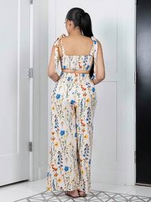 Melissa Matos 女士夏季度假风格满花印花交叉后背吊带上衣和抽绳腰部阔腿裤套装 - 彩色 - 查看 2