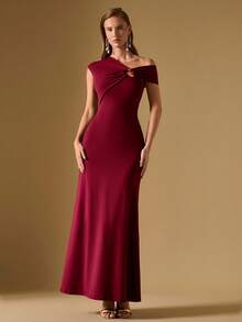 Briarwyn Women's Elegant Burgundy Dress,Summer Dining Party Dress,Asymmetric Neck Metal Buckle Fishtail Fitted Evening Gown,Off The Shoulder Fall Dresses - Coffee Brown - View 4