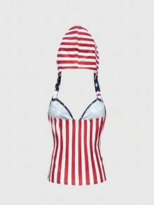 ROMWE Áo crop top Y2K có sọc sao màu xám và họa tiết cờ Mỹ, ôm sát - Nhiều màu - Xem 2