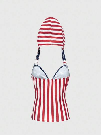 Y2K Crop Top With Gray Star Stripe And American Flag Print, Fitted