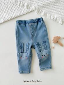 Cozy Pixies Baby Girl Cartoon Rabbit Pattern Elastic Waist Thermal Lined Denim Pants, Versatile & Comfortable - Blue - View 4