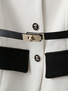 GlowEve 女士秋冬长款人字纹仿皮腰带、金属蝴蝶扣、长袖夹克 - 黑與白 - 查看 5