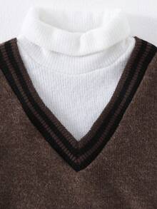 SHEIN Sweater Rajut 2 in 1 Leher V untuk Bayi Laki-laki, Pullover Rajut Kerah Tinggi untuk Musim Gugur/Dingin - Coklat - View 5