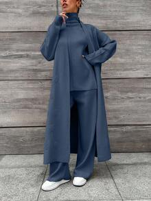 EURMUSE Women's Solid Color Long Sleeve Knitted Cardigan, Turtleneck Sleeveless Knit Top And Knitted Pants Casual Suit, Autumn - Dusty Blue - View 4