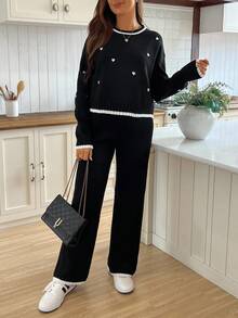 SHEIN Maternity Heart Pattern Dropped Shoulder Sweater And Pants Set, Casual For Autumn/Winter