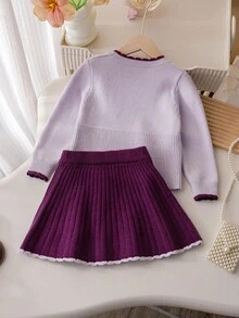 Souflis Souflis 4-7 Jahre alte Mädchen Traumhafte Prinzessin Stil Lila Gestrickter Pullover Set, mit aufwendigem Diamantmuster und Schleifenakzent, ideal für Schule, Kinderpartys oder Familientreffen im Frühling, Herbst und Winter - Violett - Übersicht 2