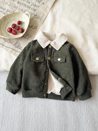 SHEIN Baby Boys Casual Flap Pocket Thermal Lined Jacket, Suitable For Autumn/Winter Baby Boy Jackets Baby Boy Fall Jackets Green Baby Jackets Corduroy Baby Jacket