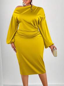 SOLERSUN 女士时尚纯色不对称领口褶饰侧边缎面紧身连衣裙长款女装 - 黃色 - 查看 5
