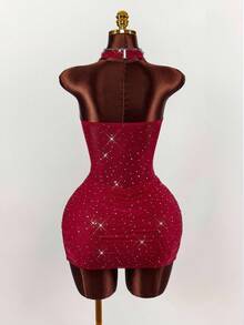 Amplova 露背无袖水钻装饰束腰透视迷你派对连衣裙 - 櫻桃紅 - 查看 7