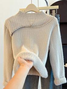 Franclia Elegant Rhinestone Embellished Knit Sweater For Women - Grey - View 1