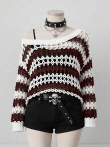 Sunspun Suéter de punto calado de estilo oscuro Y2K para mujer de talla grande, con patrón de ganchillo blanco y negro, adecuado para primavera, verano, otoño, vacaciones y vuelta al colegio - Café integral - Ver 3