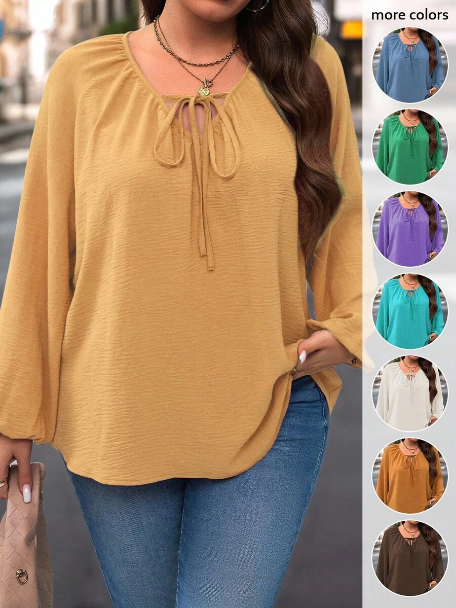 Plus Size Casual Commuter Solid Color Lantern Sleeve Shirt - Yellow - View 1